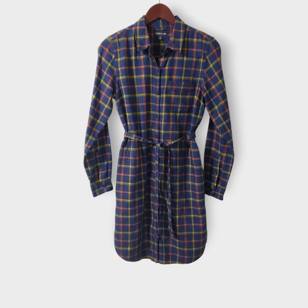 Toad&CO Re-Form Flannel Shirtdress Navy Blue Plaid Button Front Sz Small Casual